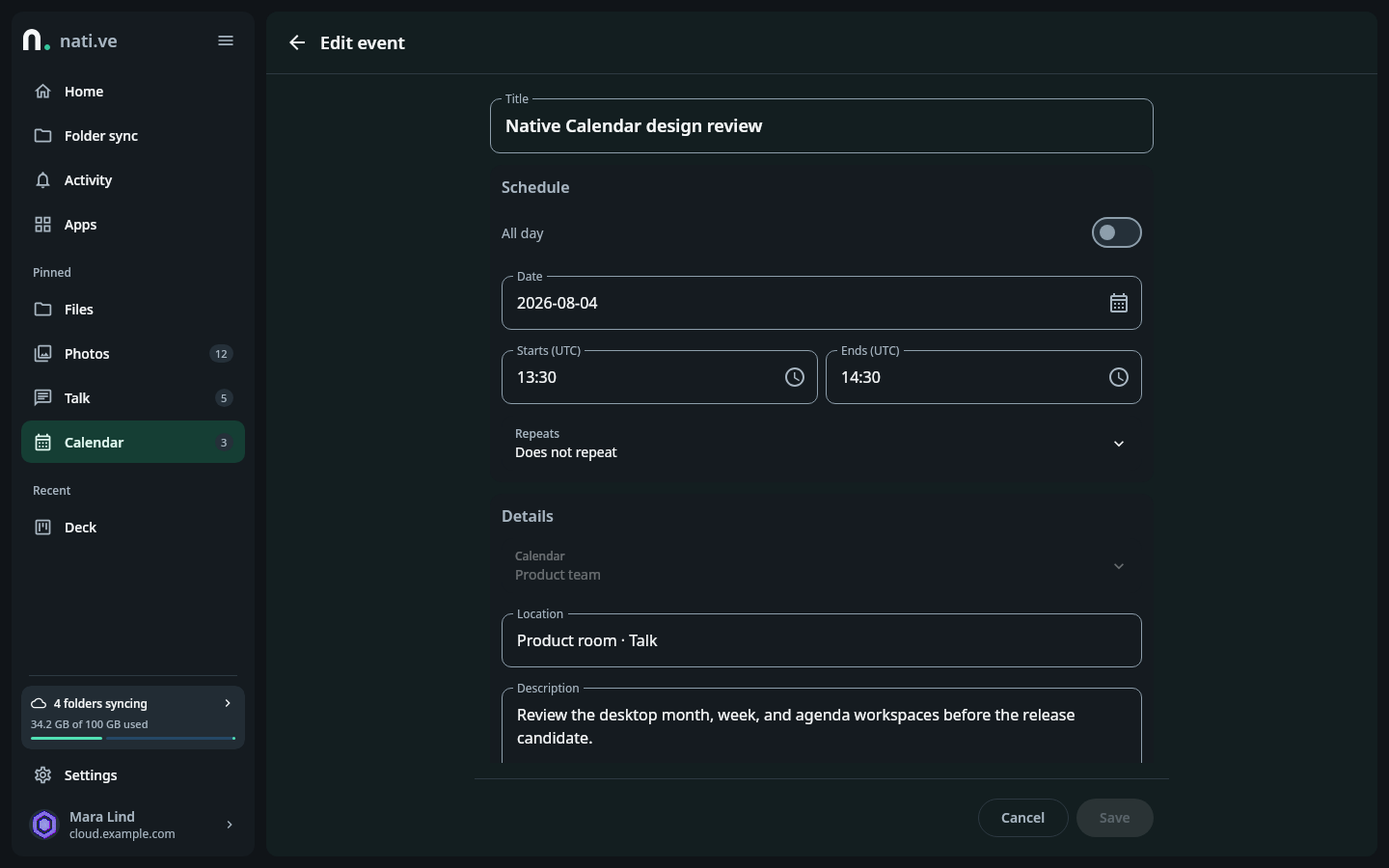 nati.ve desktop event editor with title, recurrence, date, all-day toggle, start and end time, location, description, calendar selection, and Save