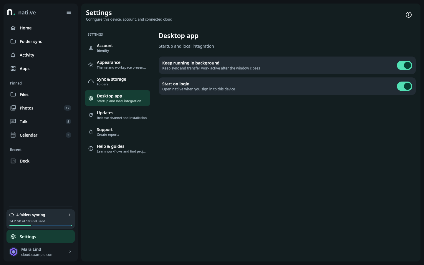 nati.ve desktop Settings workspace with account, appearance, sync and storage, desktop app, updates, support, help, and administration sections